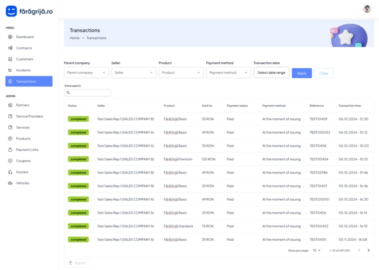 Real back-office application screenshot from FaraGrija
